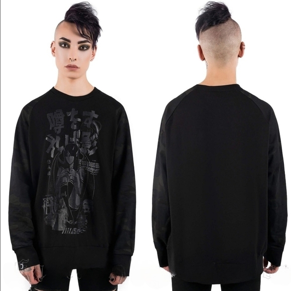 Killstar ✦ Rumour Camo Sweatshirt ✦ M Black Pullover Gothic Quote Camo Sleeves - Picture 3 of 8